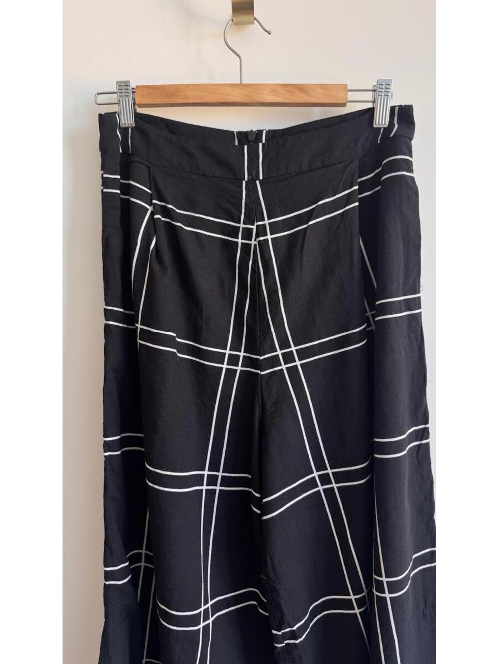 Sancia Black Windowpane Wide Leg Pants Size S Side Slit Cotton Resort - Picture 4 of 9